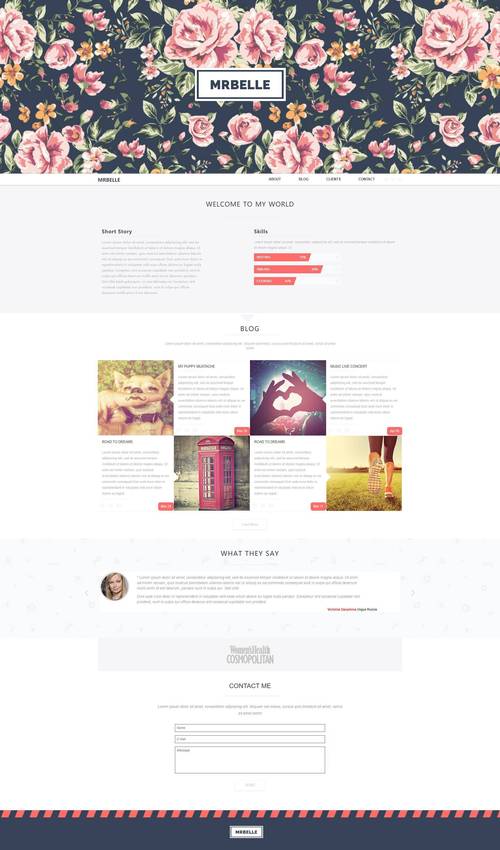 设计女性个人博客html网页模板,复古鲜花背景图和低饱和的色系让